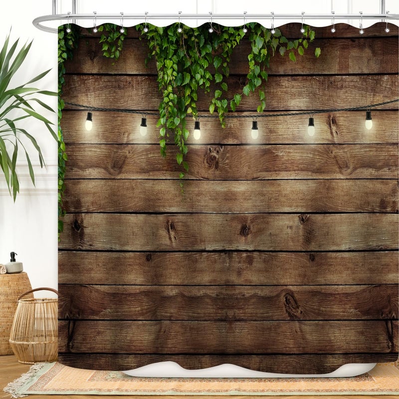 ZXMBF Rustic Wooden Board Shower Curtain Green Leaves on Vintage Wood Country Life Theme Grunge Planks Barn House Door Waterproof Fabric Bathroom Decor 72x72 Inch Plastic Hooks 12PCS Wood Board - Image 1